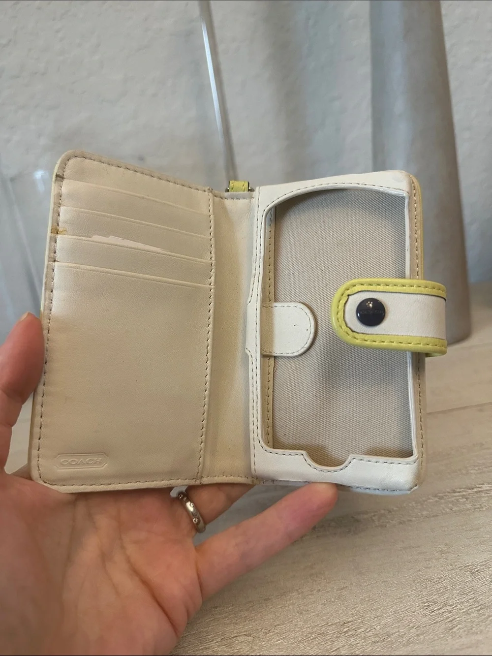 Coach White Leather Phone Case with Yellow Trim and Wristlet